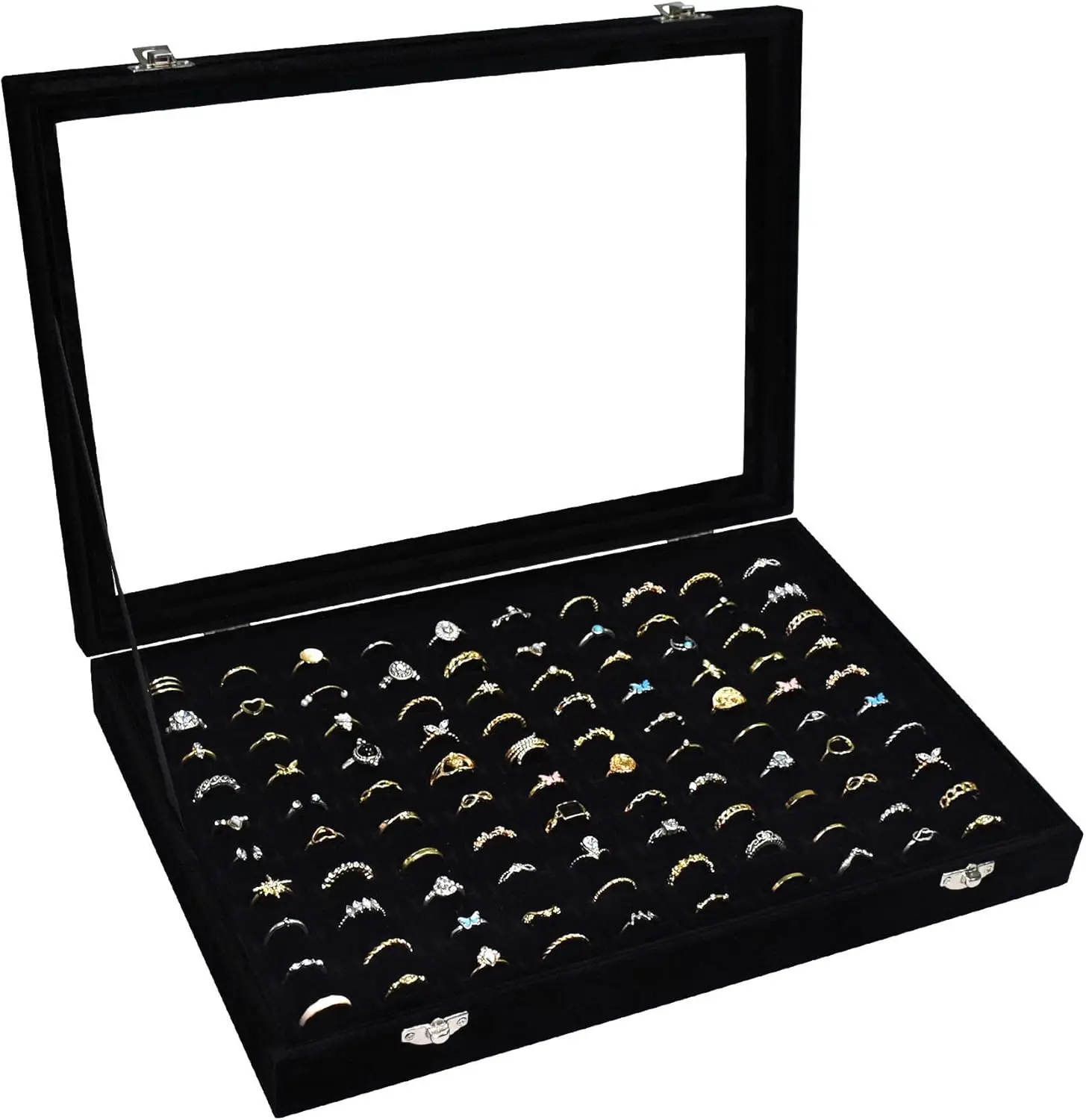 Velvet Ring Display Tray Organizer Box with Transparent Lid, 100 Slot Ring Holder Showcase For Store Display Jewelry Show Home,
