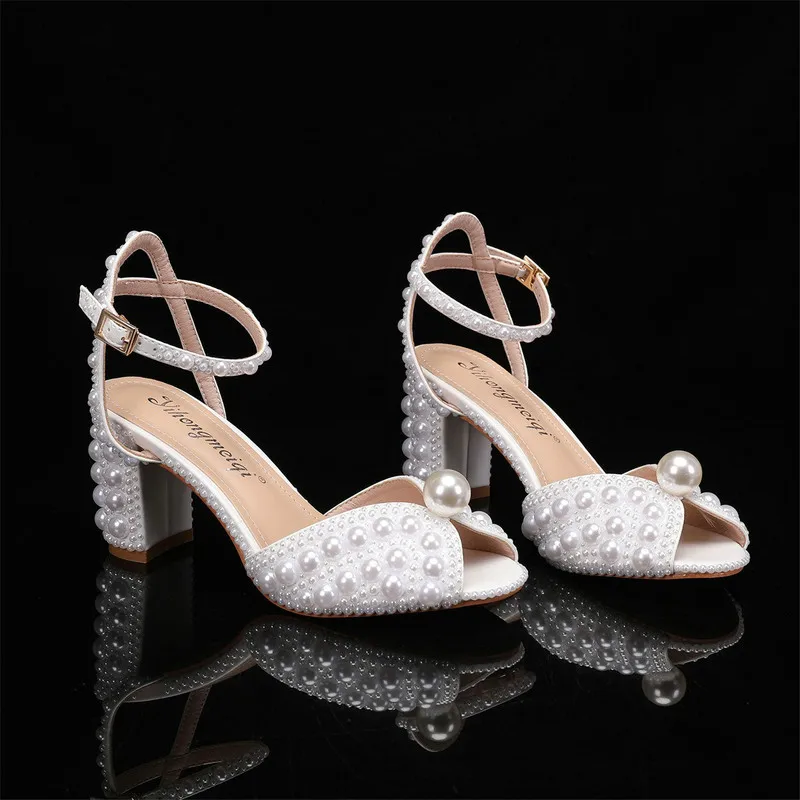 Luxury Women's Shoes 2026 New Designer High Heels Thick Heel Shallow Mouth Women's Pearl Sandals Wedding Shoes Bridesmaid Shoes image 5