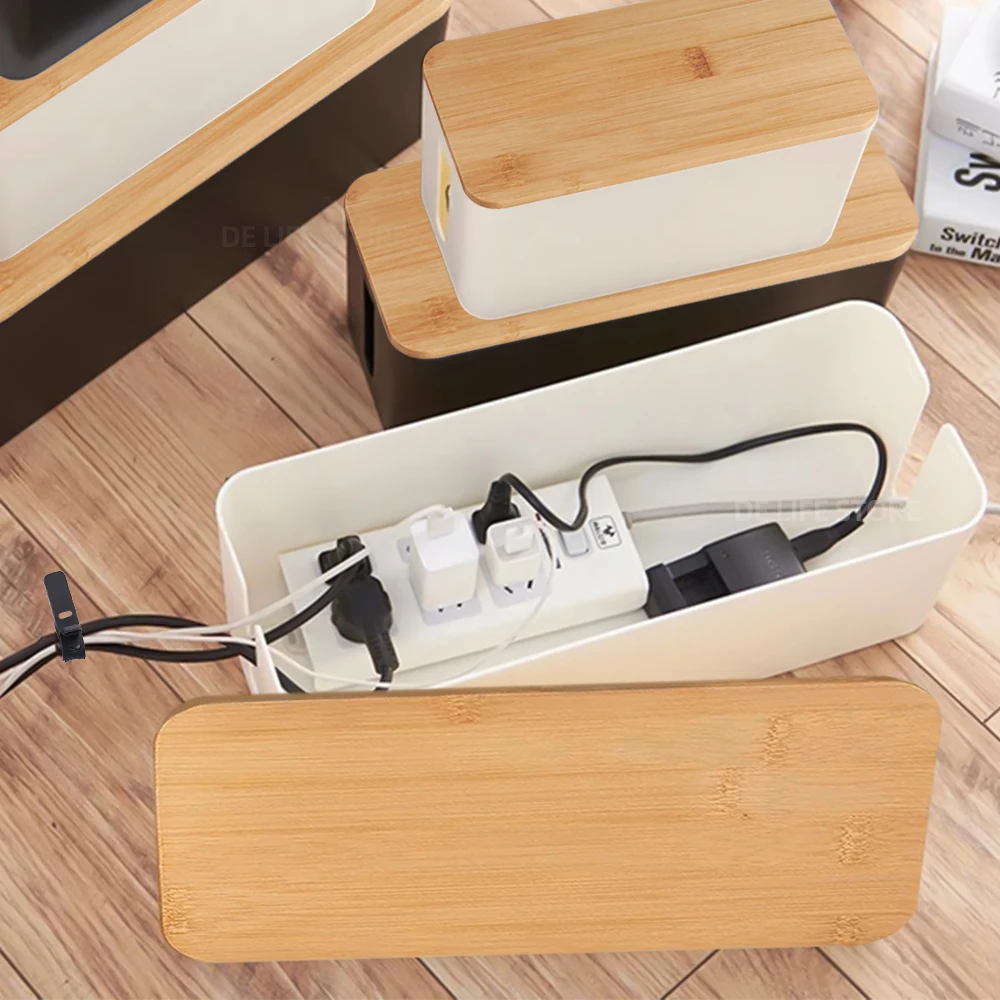 Power Strip Storage Box Cable Organizer Desktop Wooden Cable Storage Box With Cable Winder Dustproof Wire Storage Bin