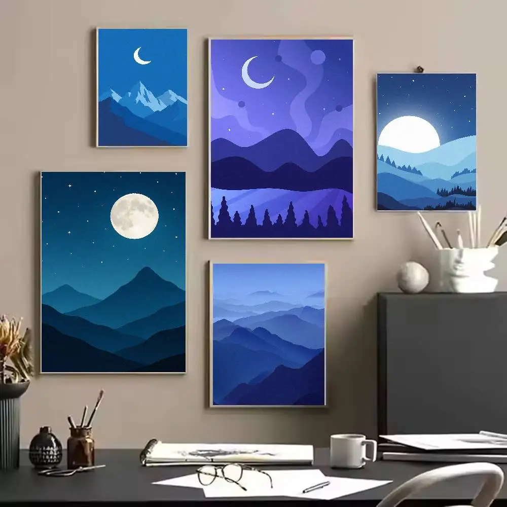 Minimalist Night Mountain Landscape Poster, Flat Vector Moon Nature Scenery Blue Purple Gradient Wilderness View Decoration