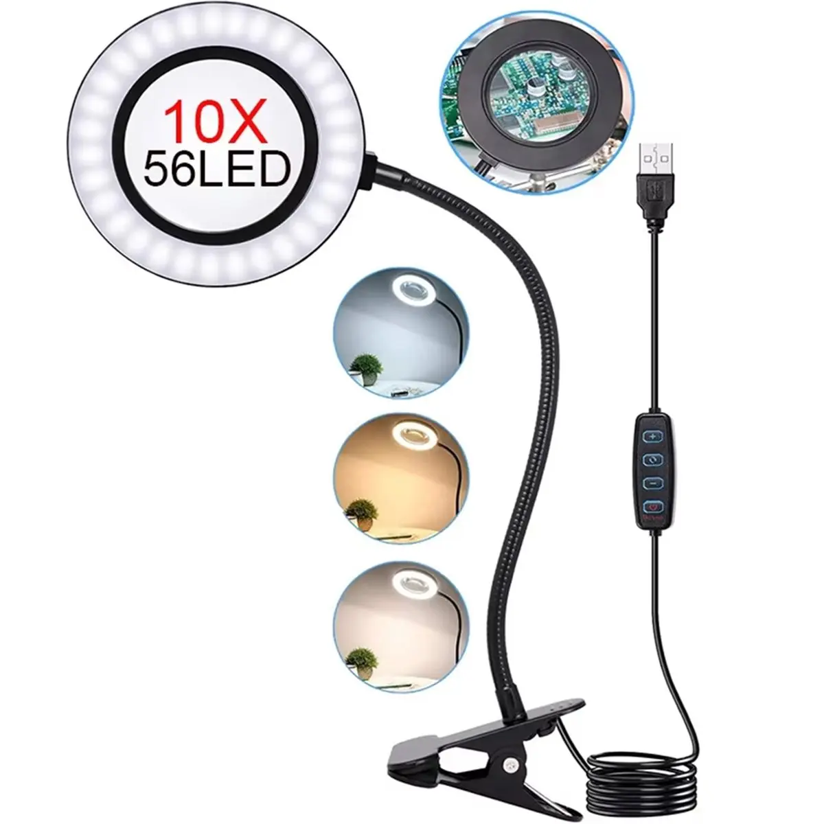 AA19 10X Magnifying Glass with Clip 56LED Magnifier Lamp 3 Color Mode 10 Brightness Dimmer 360° Flexible Gooseneck Lights