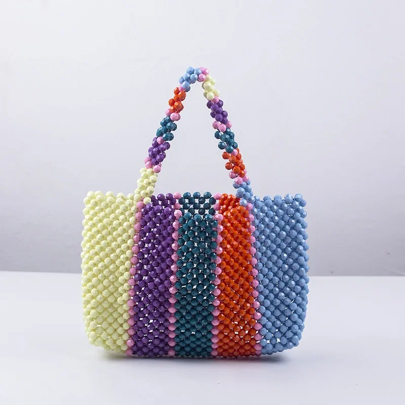 

Meet You Fahsion Colorful Striped Beaded Handbag Fashion Hand-woven Acrylic Bead Evening Clutches Color Contrast Rainbow Bag