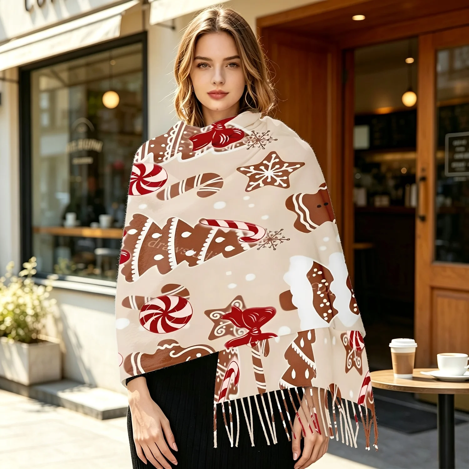 2D Flat, Fringe Shawl Scarf with Brown Cookie Tree-Shaped Decoration, Red and White Candy, Red Bow, Light Brown Base