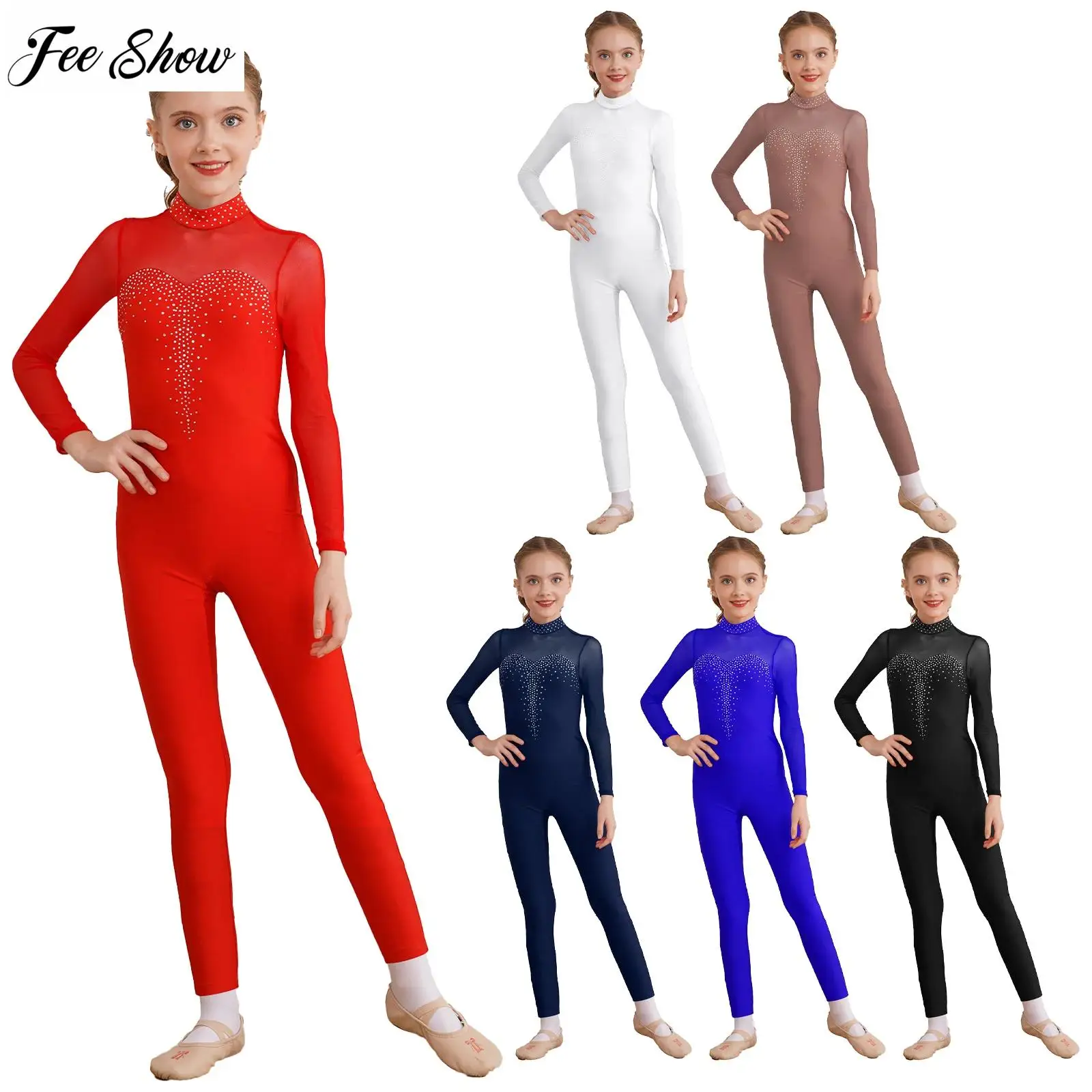 

Kids Girls Figure Skating Unitard Jumpsuit Shiny Rhinestone Sheer Mesh Long Sleeve Bodysuit Gymnastics Dance Performance Costume