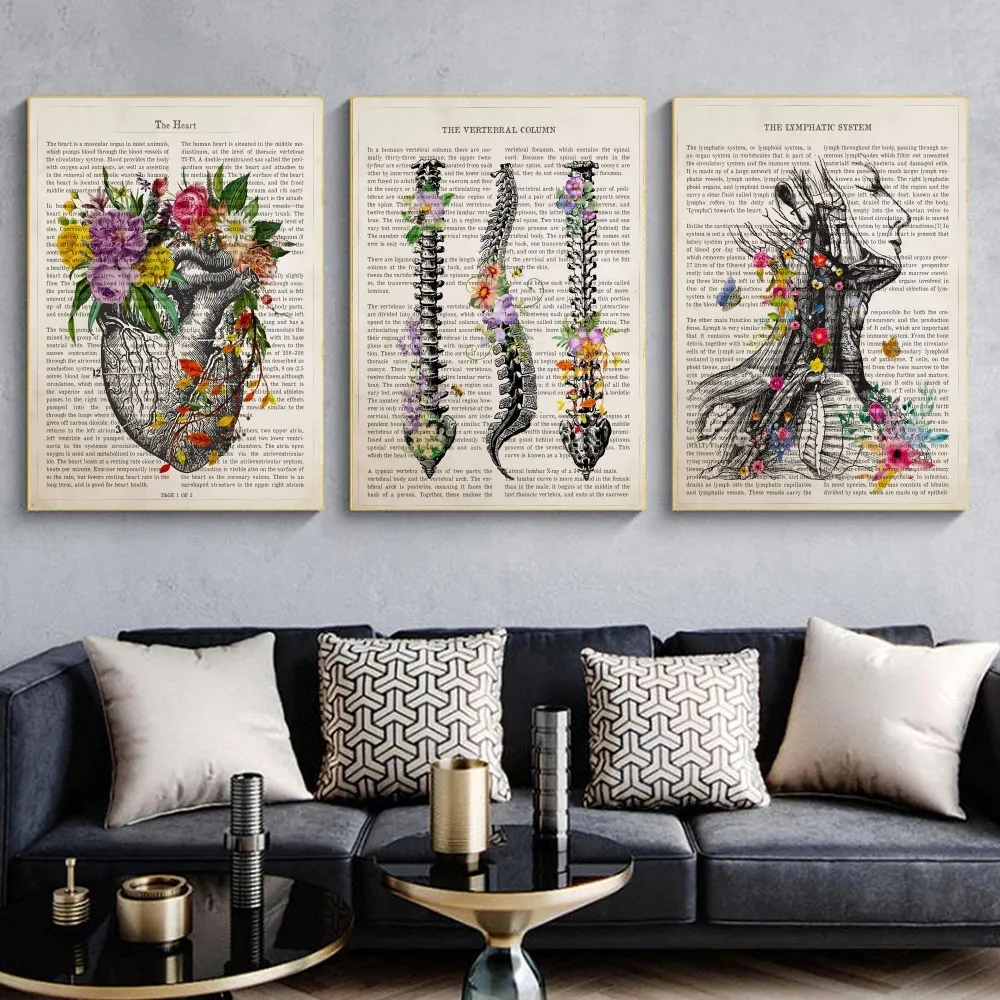 Vintage Flowers And Human Anatomy Heart Brain Poster Self-adhesive Art Waterproof Paper Sticker Coffee House