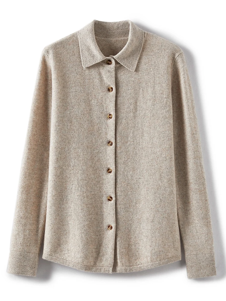 

Elegant Fashion Women's 100% Cashmere Sweater Korean Autumn Winter Knitwear Polo Collar Cardigan Lady Long Sleeve Clothing Tops