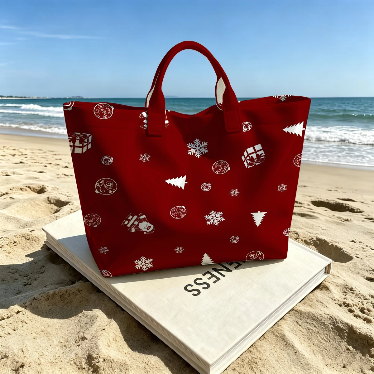 Burgundy Christmas Cute Large Glossy PVC Tote Bag Hand Washable Lightweight Soft Great for Travel Commute Makeup Storage Handbag