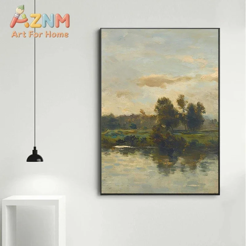 Vintage River Landscape Dandelion White Tulip Wildflower Field Countryside Poster Canvas Painting Print Wall Art Home Decor
