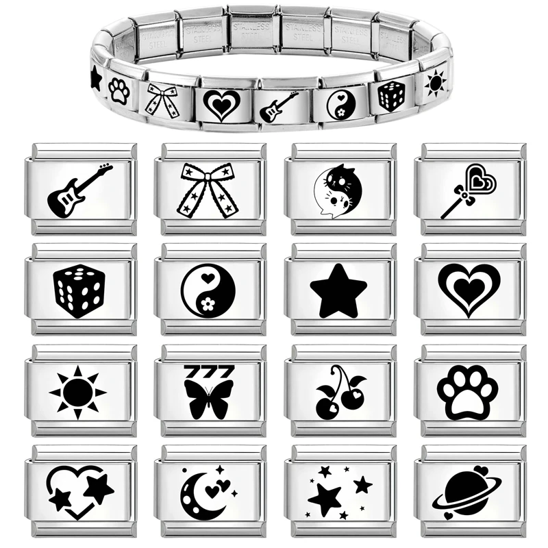 Laser Engraving Bow Knot Star Cat Paw Guitar Heart Italian Charm Links Fit 9mm Stainless Steel Bracelet DIY Making  Women Men