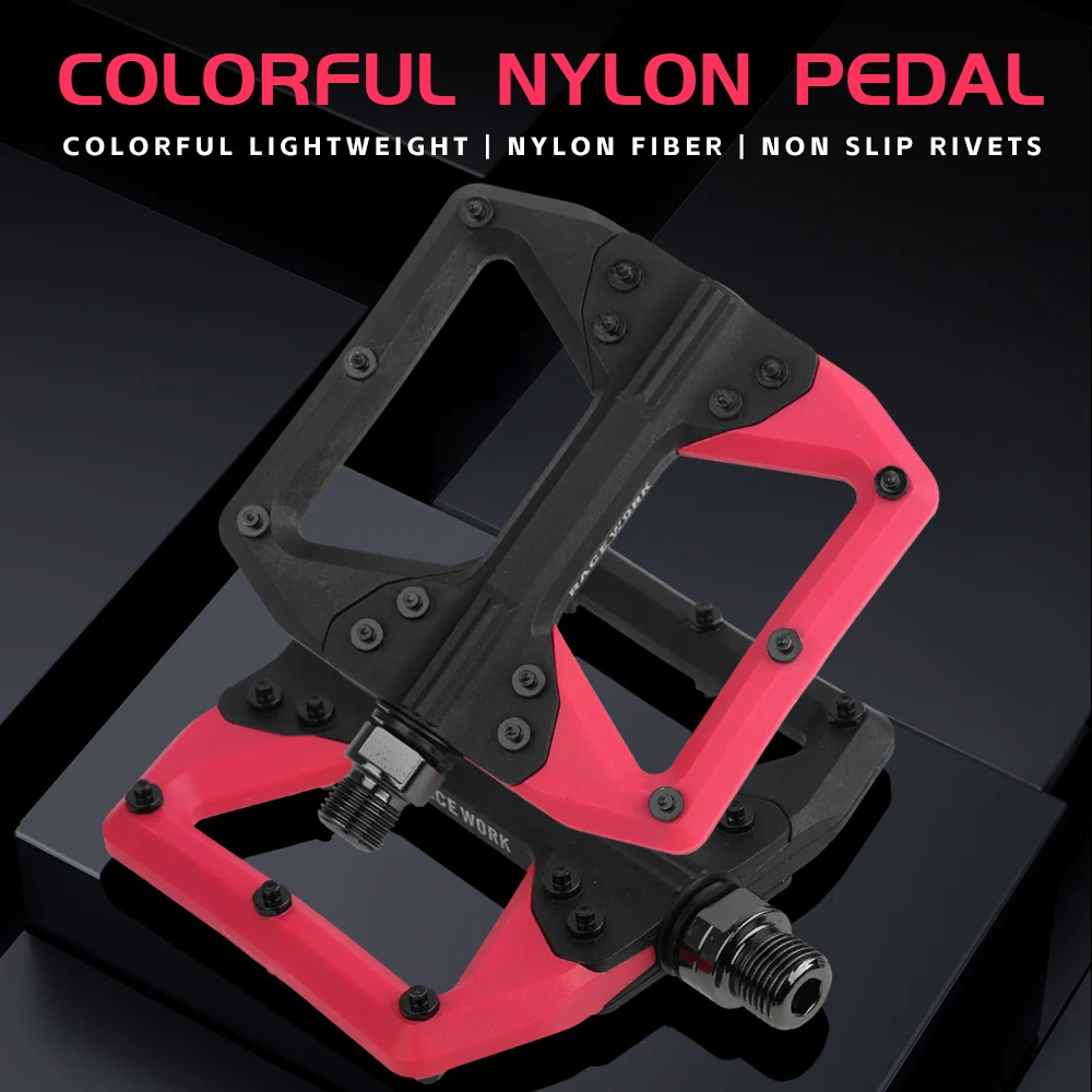 RACEWORK MTB Bike Pedals Nylon Construction Wide Footplate Anti-Slip Cleats Ball Bearings Suitable For Off-Road Bicycle Pedals