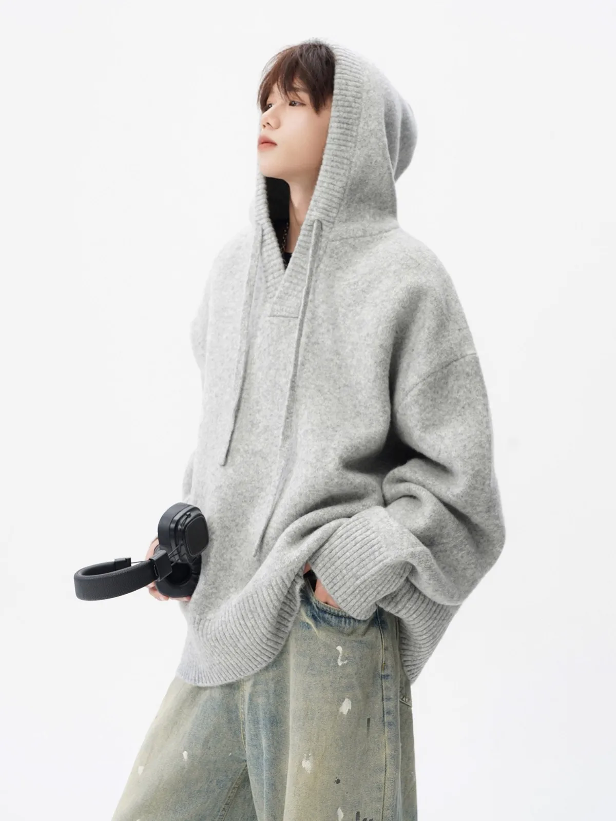 

American Sle Hooded Knitted Sweater Jaet for Men Trendy Brand Floral ey Couple Sweaters High Street Lazy Sle Versatil...