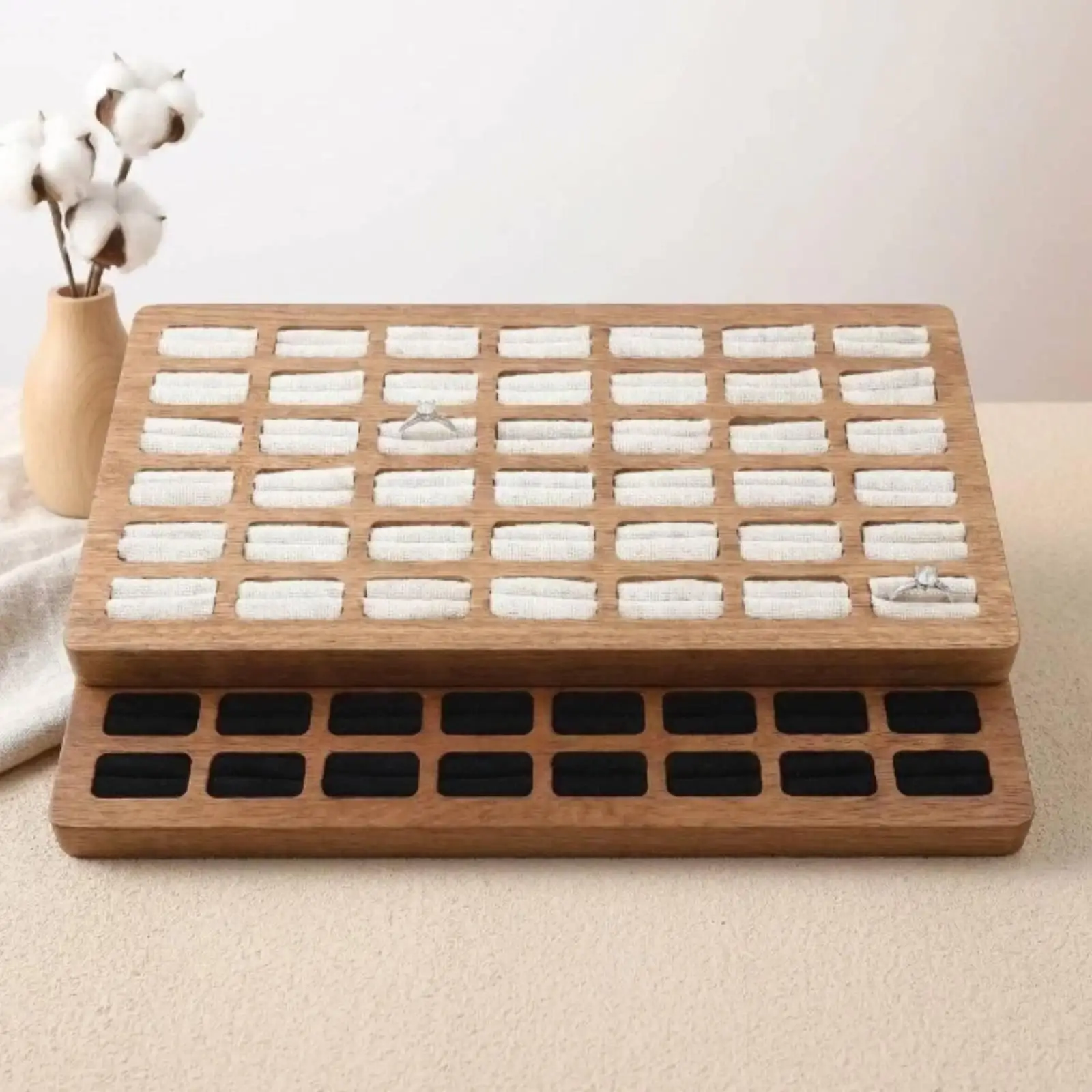 Wooden Jewelry Display Tray Organizer with 42 Slots Jewelry Packaging Case for Retail Craft Fair Storage