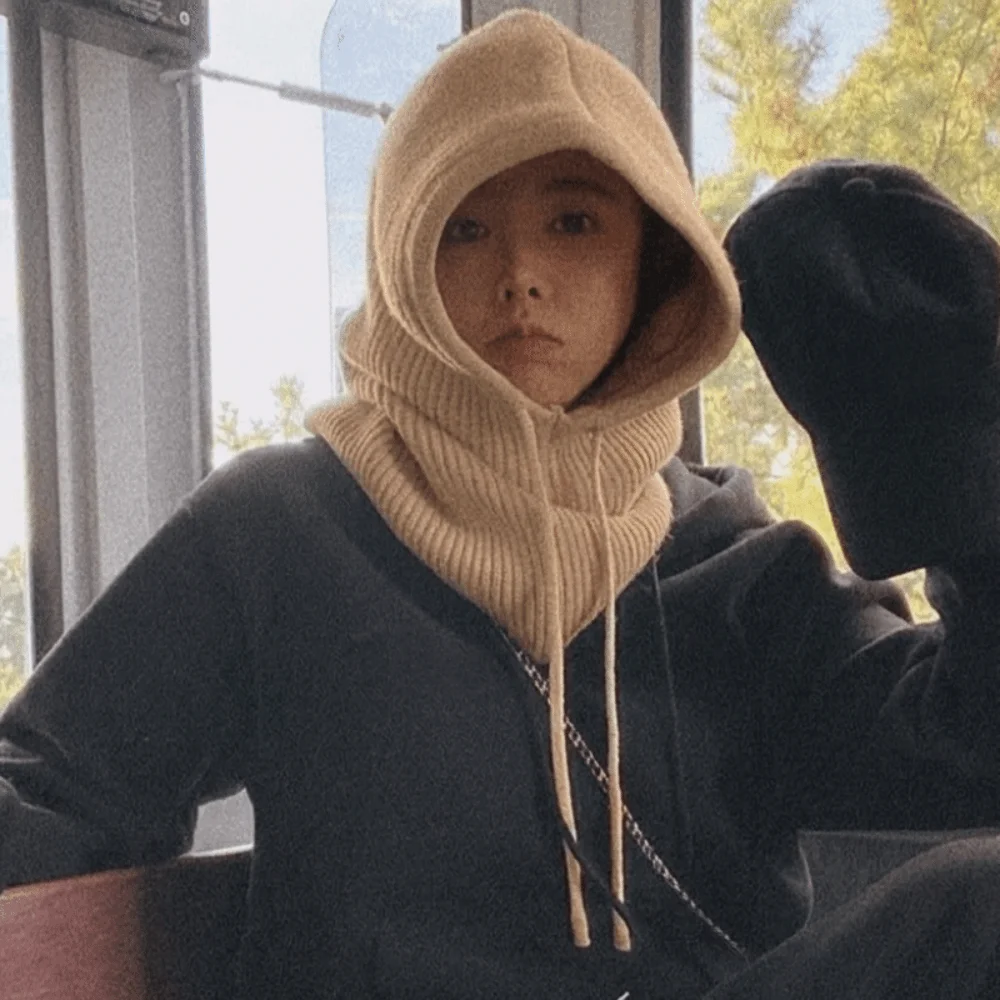 Simple Solid Color Balaclava Hat Thermal Scarf Windproof Beanie Cap Drawstring Neck Collar Winter Ear Protection Cap Outdoor