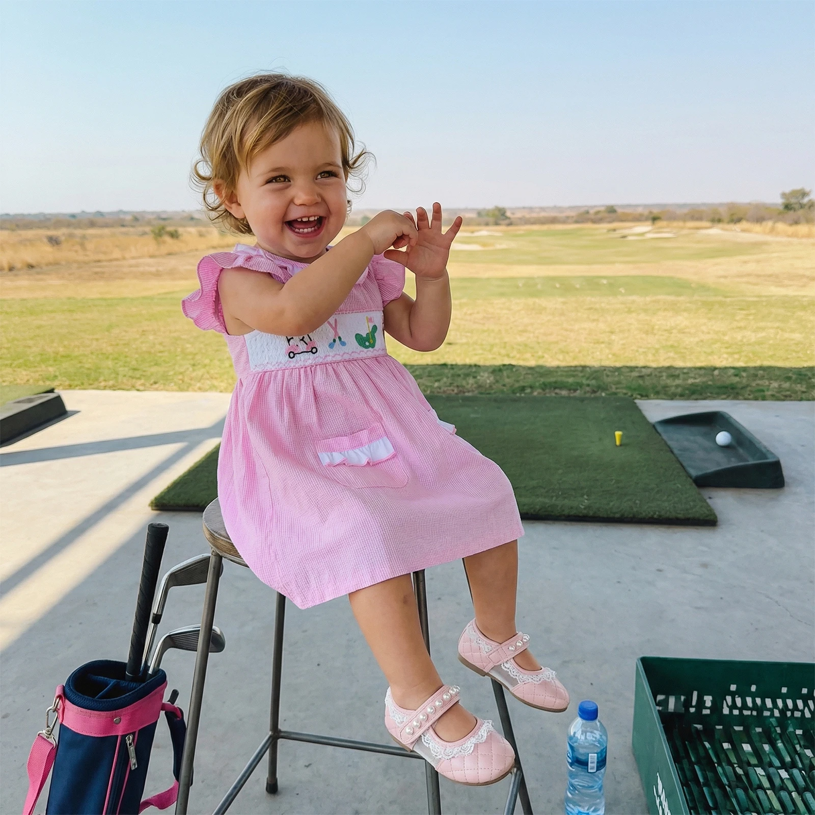 Toddler Girls Dress Golf Embroidered Ruffles Crew Neck Fly Sleeve Casual Dress Baby Summer Dress