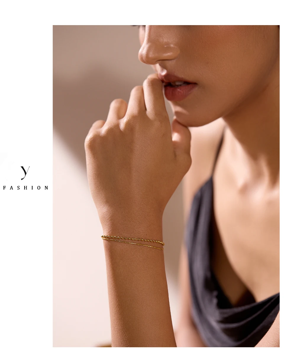 Yhpup Stainless Steel Flat & Bead Chains Double Layer Fashion Bracelet Bangle Men Women Charm Summer Beach Trendy Chic Jewelry