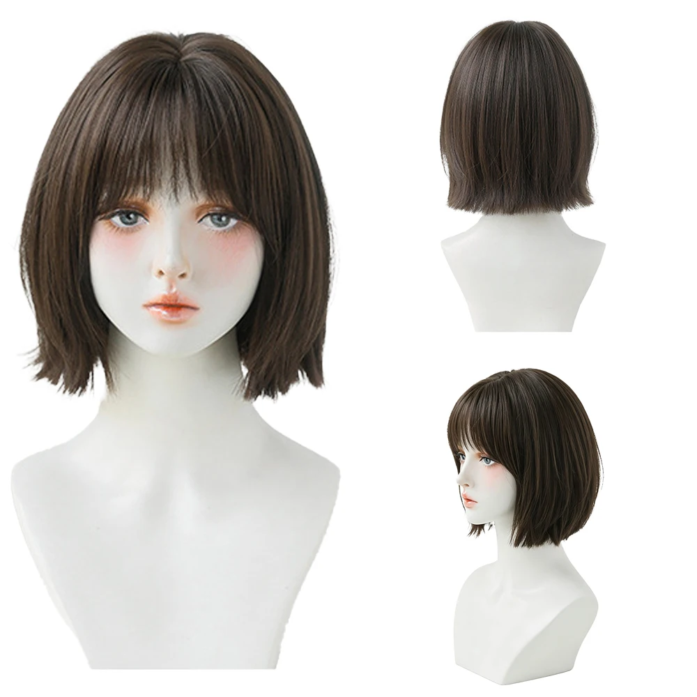 

30cm Dark Cool Brown Short Bob Wig with Bangs Realistic Natural Hair Heat Resistant Synthetic Full Wig For Women Daily Use