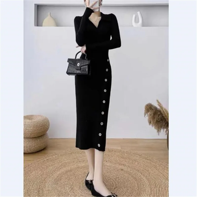 French Retro POLO Slim Knit Dress for Women's Autumn and Winter New Collection Waist Cinching and Slimming Mid Length Skirt