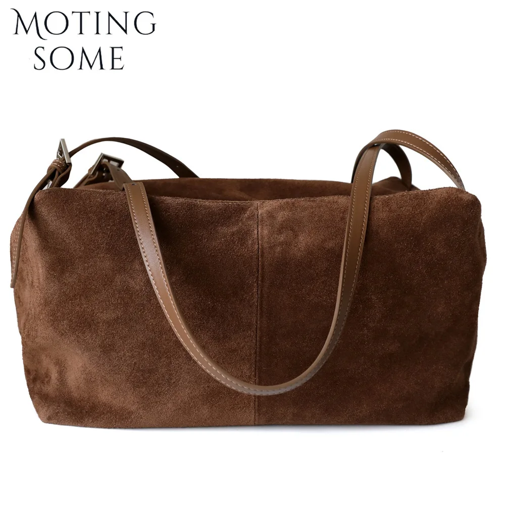 Motingsome Autumn Suede Leather Bags Woman Boston Bag Luxury Designer Matte Cowhide Tote Bag Oversized Shoulder Pillow Purses