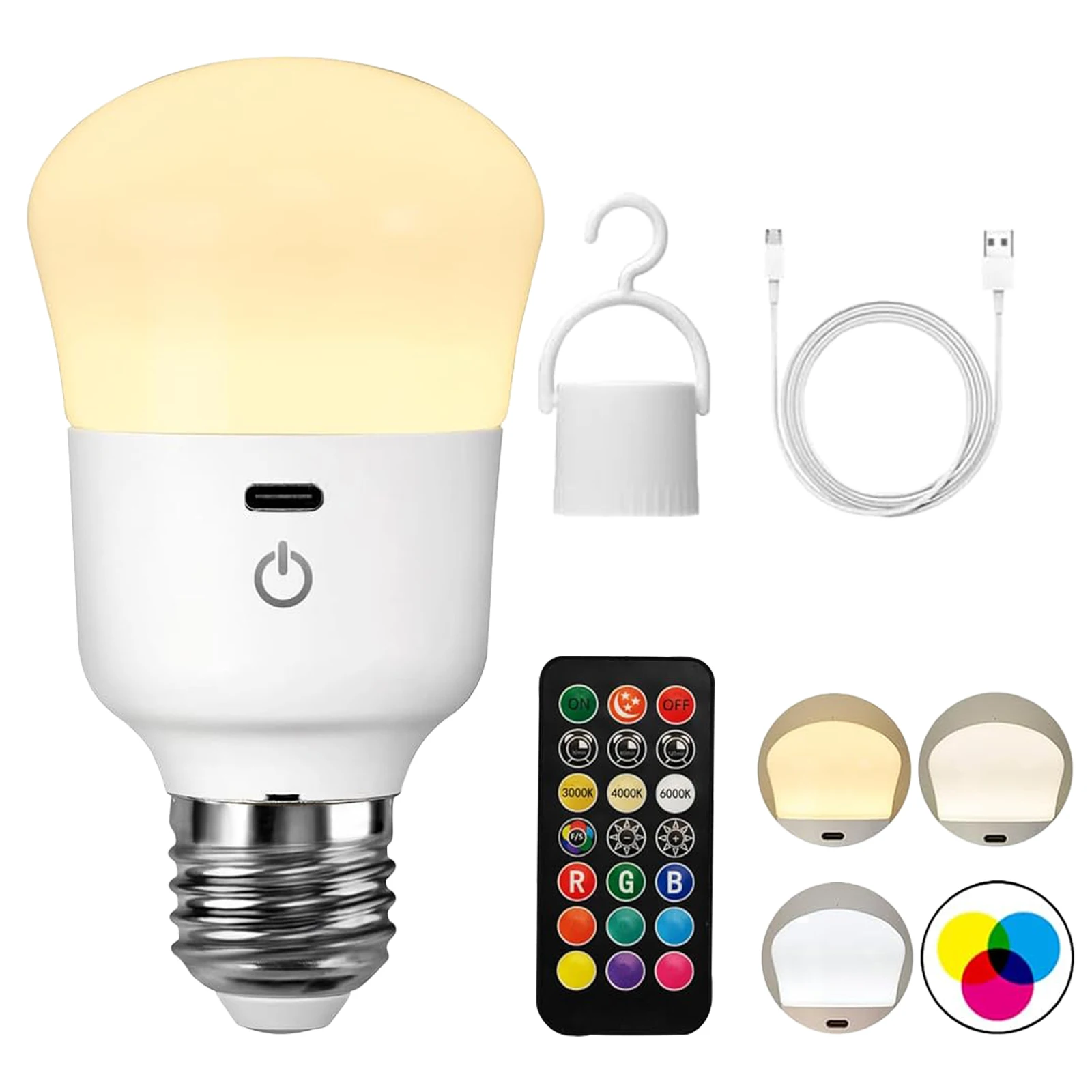 Rechargeable Light Bulb with Remote Control, 7W Battery Powered LED Emergency Light Bulb, 3 Color Temperature/Timer, 2PCS