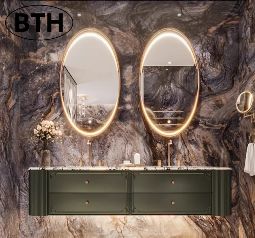 

Mirrored Cabinet,Custom-Made Modern French-Style Retro LED Mirror Bathroom Vanity Cabinet Solid Oak Wood Double Basins Washstand