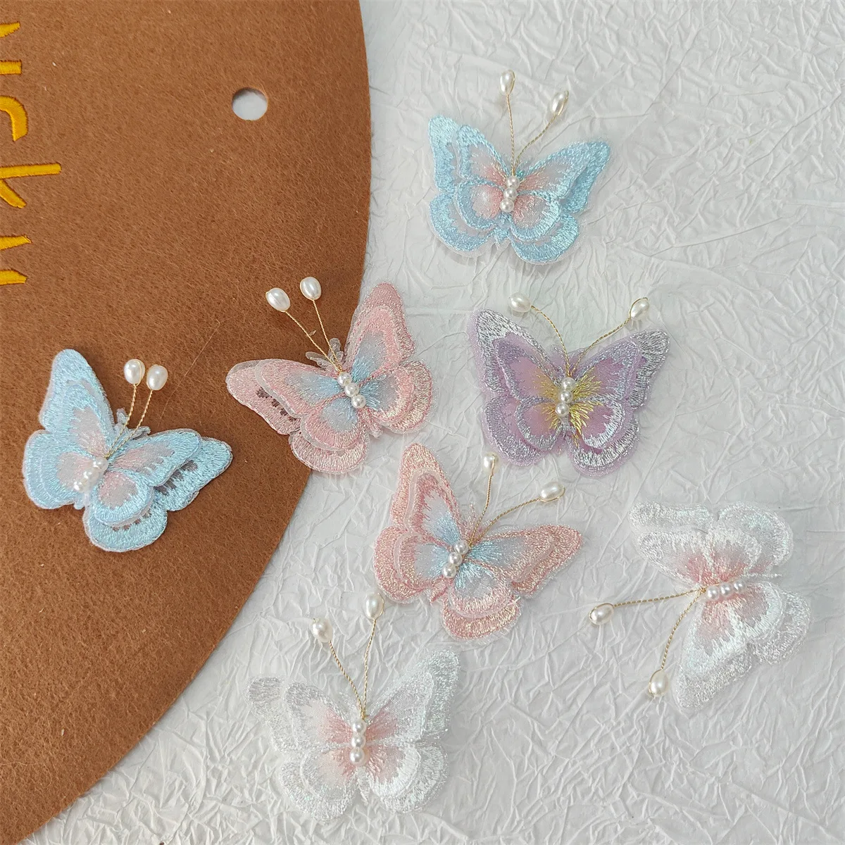 10PCS Double embroidery mesh pearl butterfly accessories diy children\'s hair accessories clothing shoes and socks bag accessorie