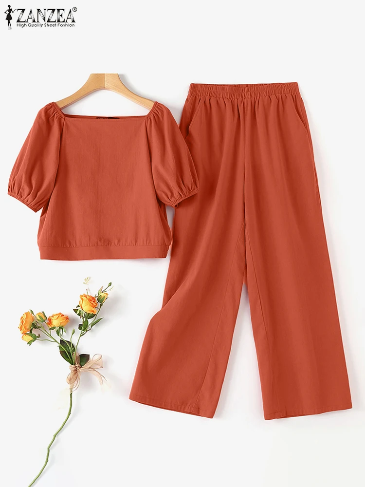 

Plus Size ZANZEA Casual Cotton Pant Sets Women Elegant Wide Leg Pants and Short Puff Sleeve Square Neck Crop Tops 2-Pieces Suits