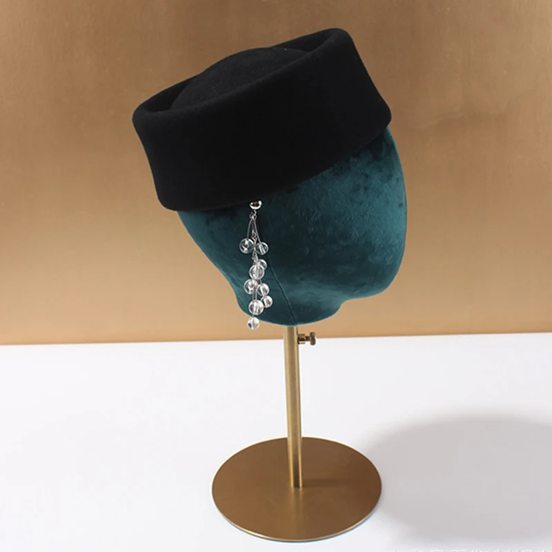 Britische Retro-Aristokratische Mode-Stewardess-Mütze aus Wolle für Damen, elegante französische kleine 54 cm Miniatur-Mütze – Detail 6