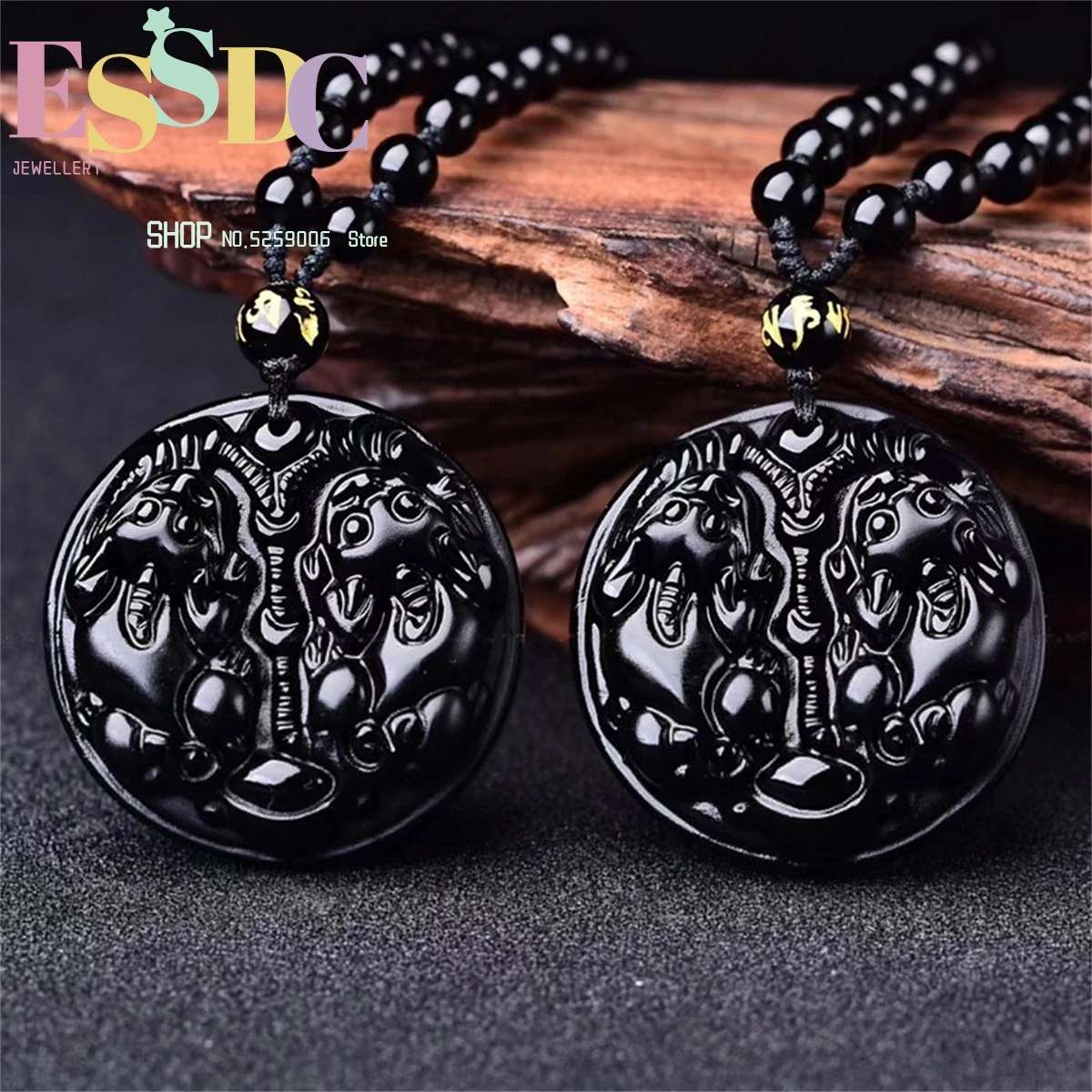 Wholesale Of Natural Obsidian Double Pixiu Pendant Frosted Round Brand Necklace Hand Carving Charm  Amulet Gift  Jewellery