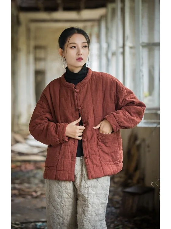 معطف شتوي نسائي من القطن Sle Zen بتصميم كلاسيكي مع خياطة مربعة من القطن والكتان للتنقل العرقي