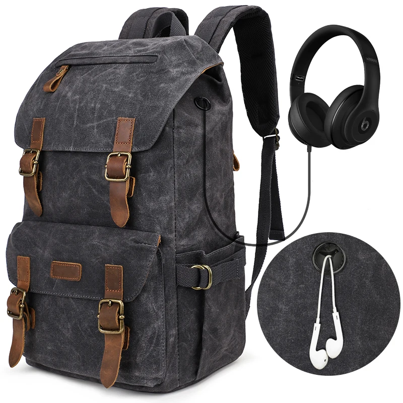 

KOOGER Vintage Male Backpack Leather Rugged oil Wax Canvas Backpacks Waterproof Large Travel Bag Men Laptop Rucksack 15.6