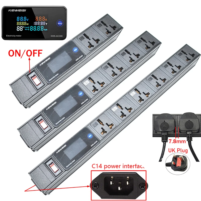 Power Strip with Switch Digital Ampermeter Power Energy Voltmeter Ammeter 2/3/4/5/6/7/8Ways16A Universal Socket