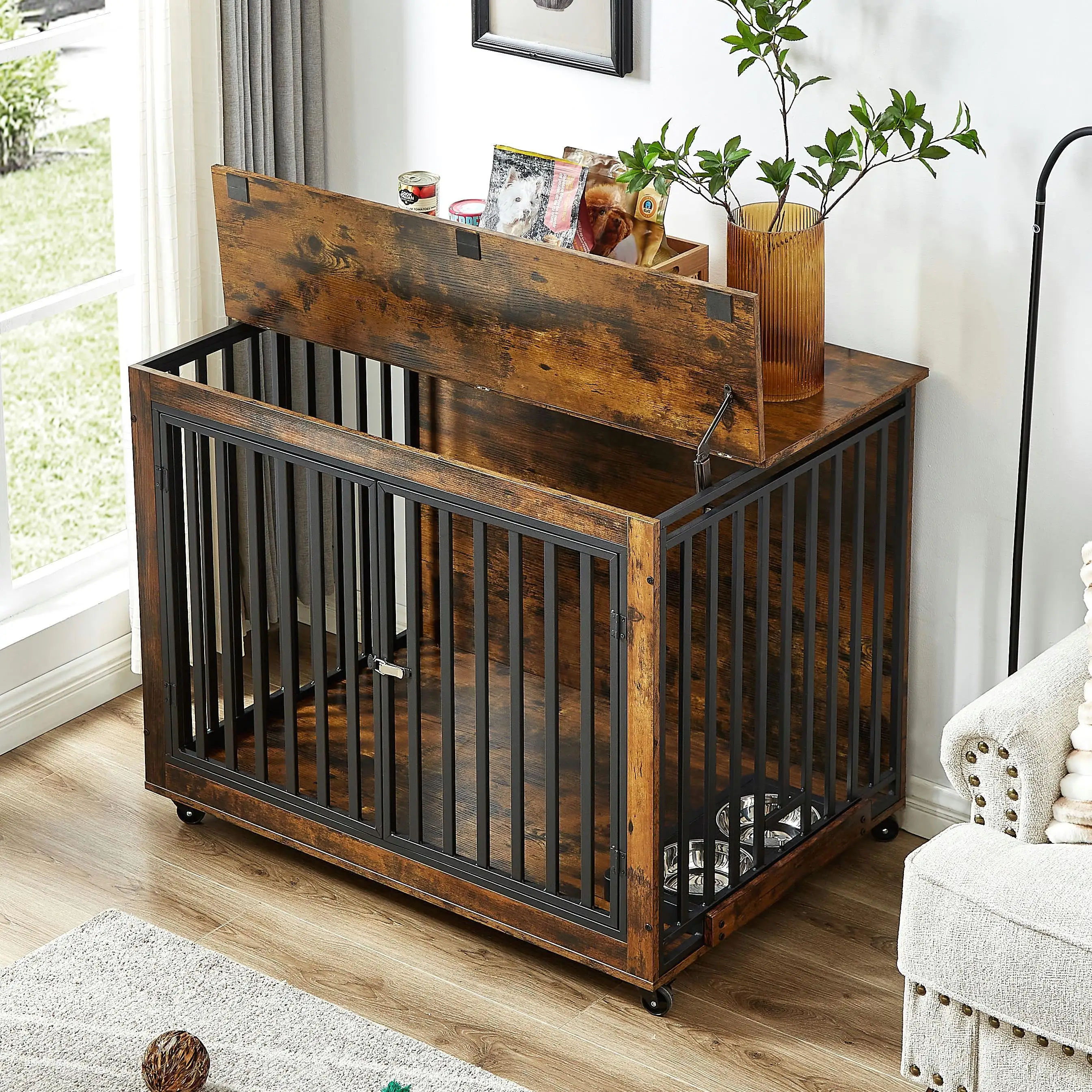 Rustic Brown Dog Crate Side Table with Feeding Bowls, Wheels & 3 Doors - 43.7W x 30D x 33.7H Indoor Furniture