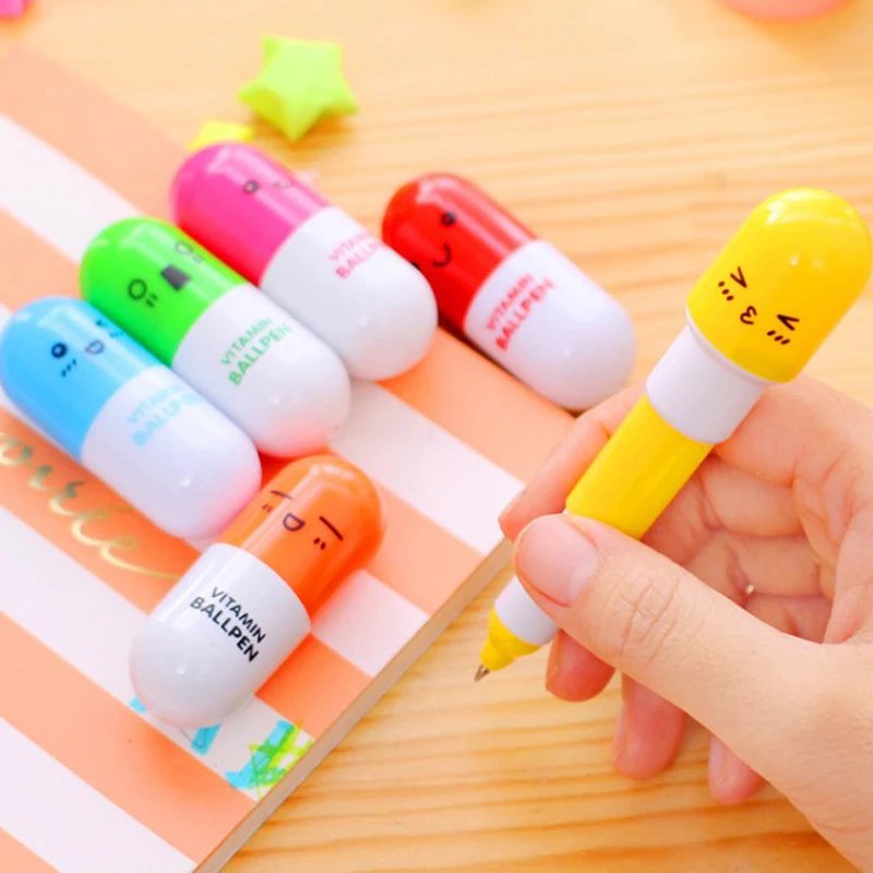 12 Pcs Creative Vitamin Smile Pill Design Stretch Ballpoint Pen School Ball Pen Kids Office Stationery Writing signature pen