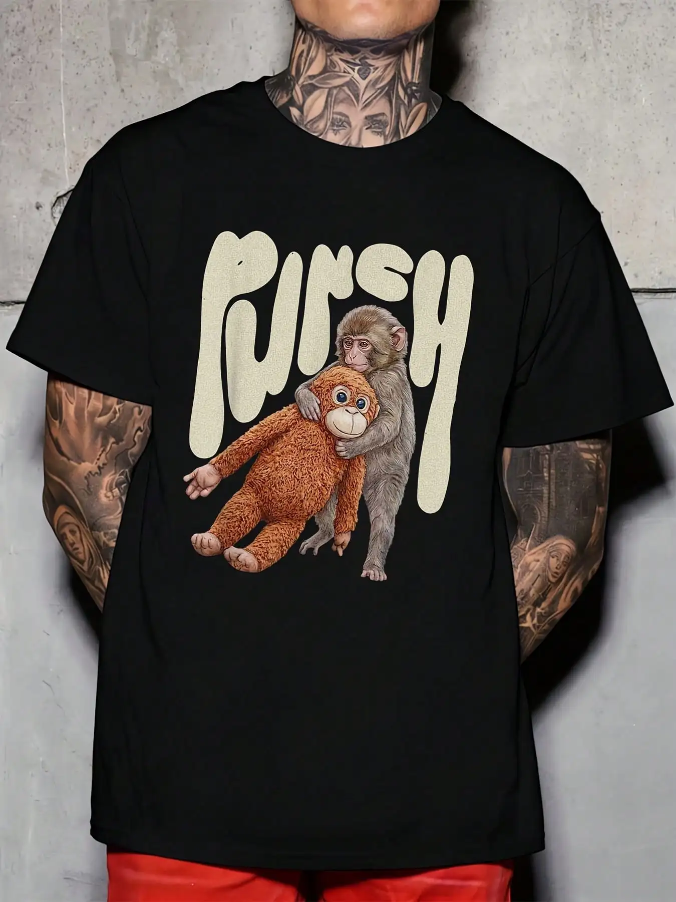Monkey Hugging Plush Toy And Text Push Print Men Round Neck T-Shirt Casual Streetwear Summer Holiday Gift 220g