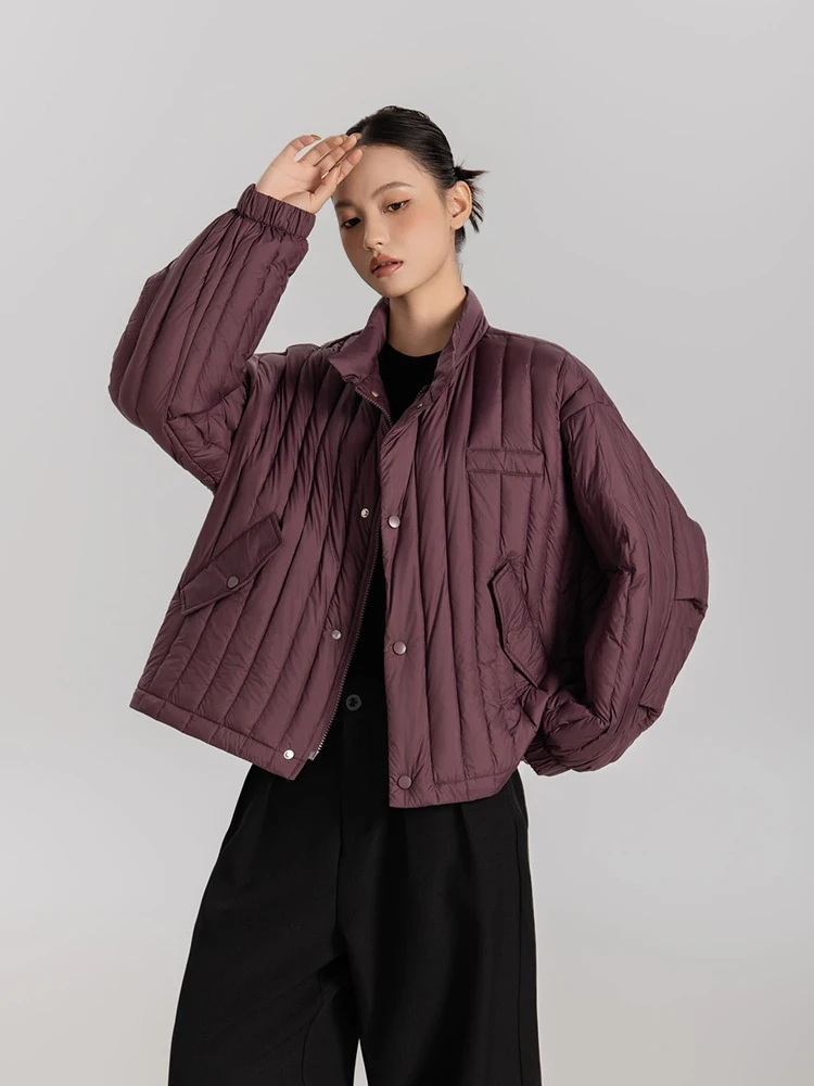 Winter White Duck Down Stand Collar Down Jacket Women Vertical Stripes Vertical Stripes Warm Jacket Female Quilted Parka Outwear