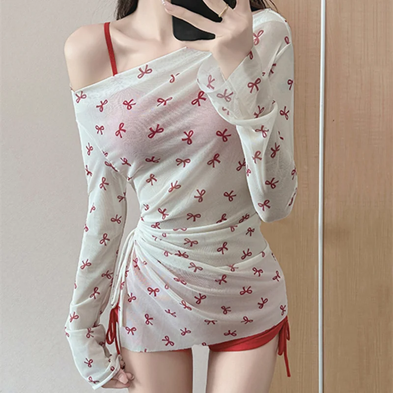 3 قطعة/المجموعة 2025 الصيف بيكيني ملابس السباحة للنساء مثير بيكيني طويلة الأكمام الشمس واقية أعلى القوس ملابس الشاطئ عطلة زي