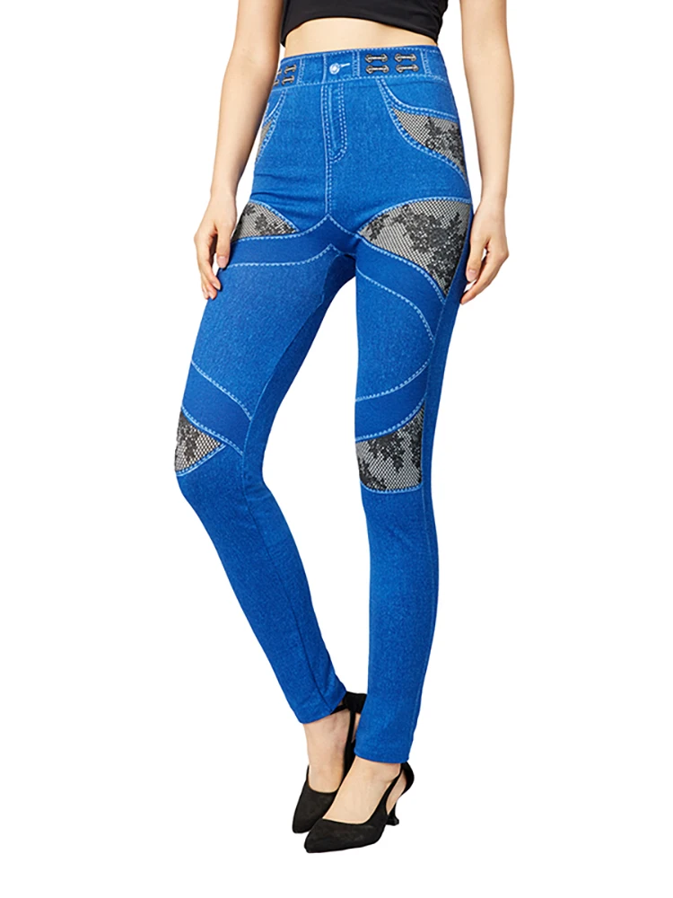 YSDNCHI Mesh Flower Print Faux Jeans Stretch a vita alta Leggings senza cuciture imitazione Denim donna pantaloni a matita Yoga a vita alta