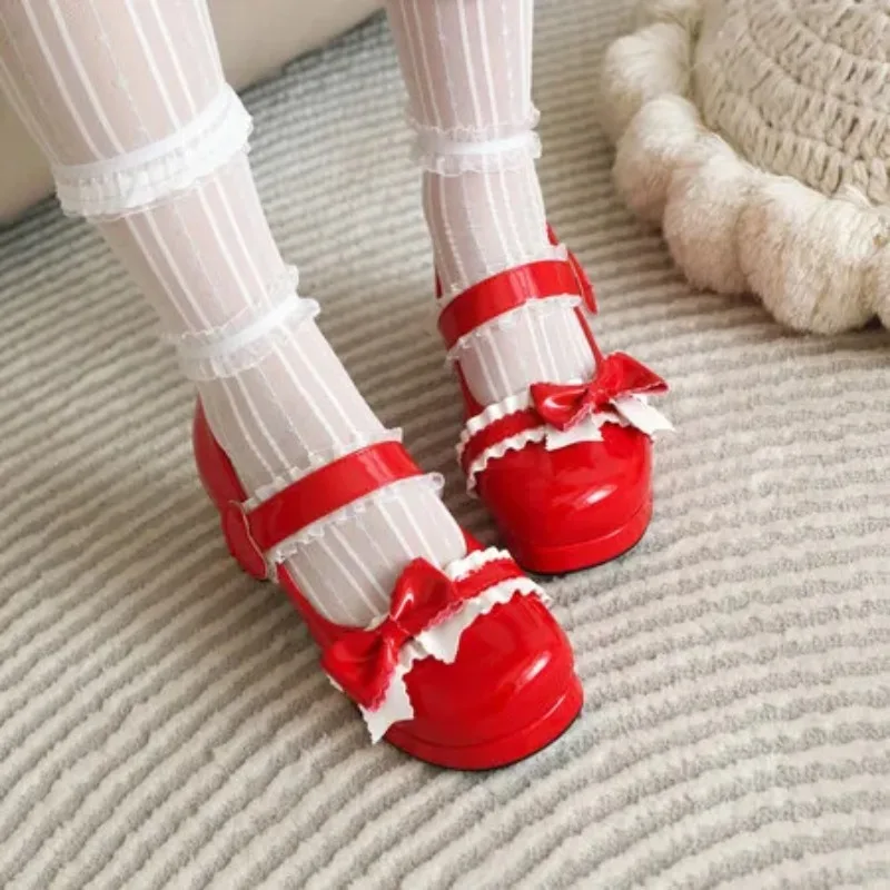 2025 New High Heels Sweet Pink Bow Pumps Shoes Women Platform Sandals Lolita Girls Cosplay Uniform Shoes Black White Plus Size