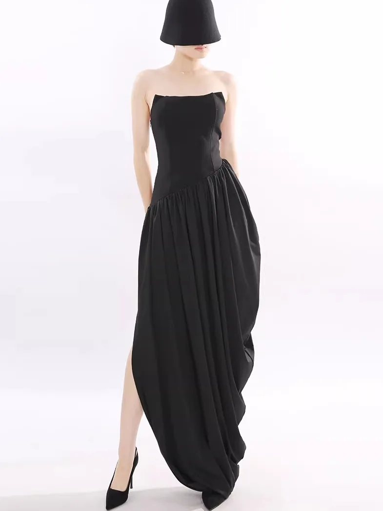 

Элегантное винтажное асимметричное платье с завышенной талией, стройнящее, с разрезом, женственное, из полиэстера, без рукавов, X-образный силуэт