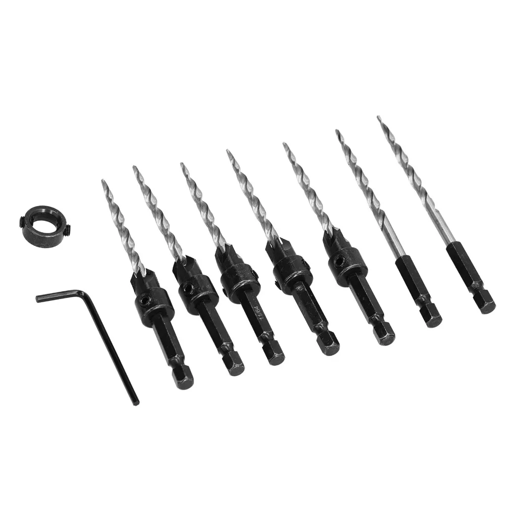 

9PCS 1/4 Inch Hex Shank Countersink Drill Bit Set Adjustable Depth Stop Quick Change Counter Sinker Drill Bit Tapered