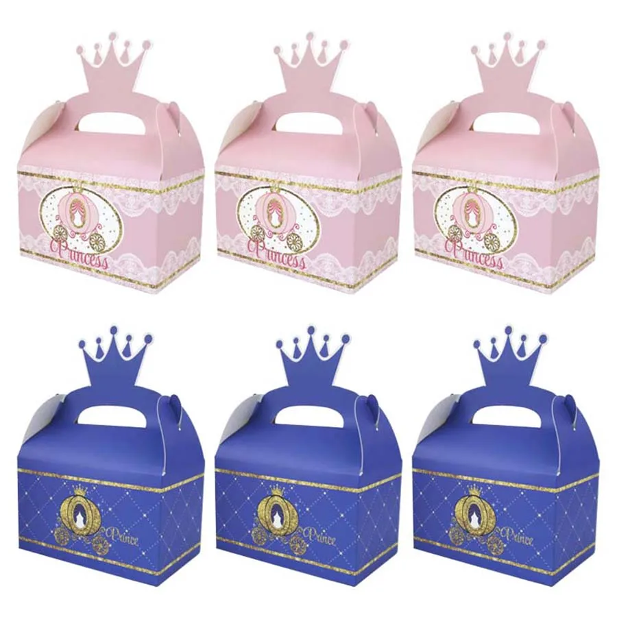 Caja de mano para pastel de dulces, regalo de fiesta temática de cumpleaños, princesa Príncipe, 12 Uds.