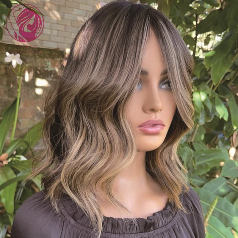 

New in Human Hair Wigs Short Bob Wavy Lace Frontal Wigs Dark Brown Honey Blonde Highlights Glueless 13x4 lace Wig for Women