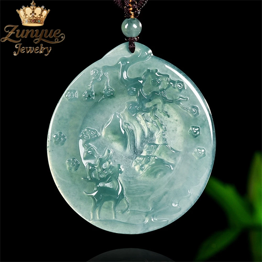 

Natural A-Grade Jadeite Blue Water Deer Brand Sika Deer Seeking Plum Blossoms In The Snow Jade Pendant Charms Gift Exquisite