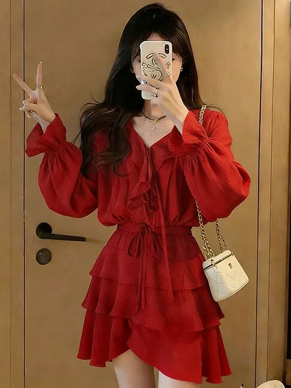 

Red Lace Trimmed Set for Grassland Travel Casual Wear V-Neck Long Sleeve Breathable Lightweight Summer Outfit for Women
