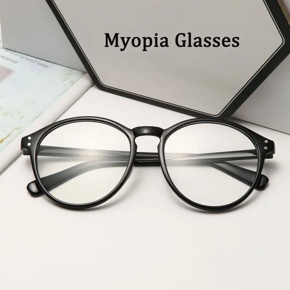 Round Frame Black Flat Mirror Eyewear Vintage Eyeglasses Myopia Glasses Anti Blue Light -1.0~-4.0 Reduces Eye Strain