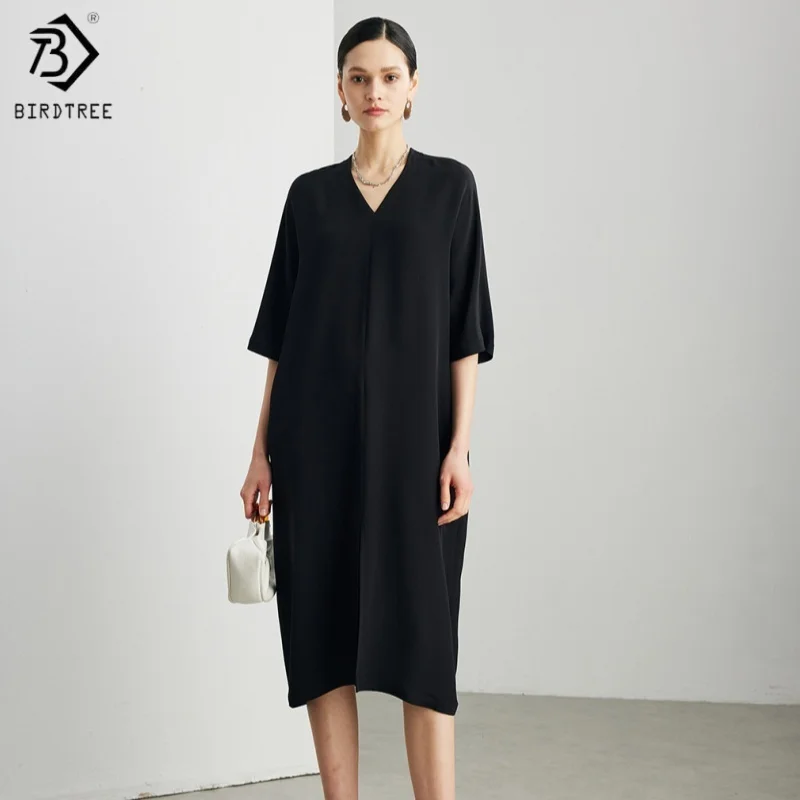 

Birdtree, однотонное платье из 100% шелка 30 мм, с коротким рукавом, женское свободное элегантное платье из плотного крепа с v-образным вырезом, новинка 2023 года D5D016JF
