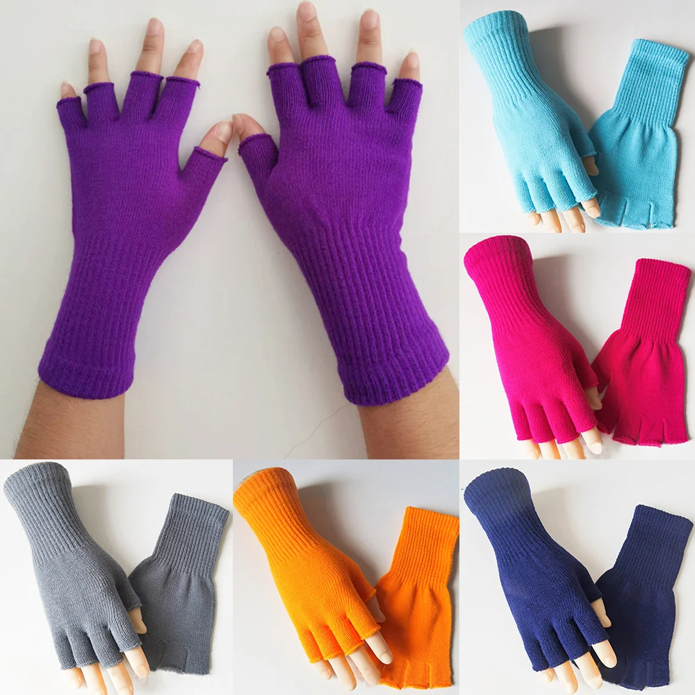 1Pair Knitted Half Finger Gloves Long Wrist Fingerless Gloves For Women Men Cashmere Winter Gloves Warm Woolen Workout Gloves