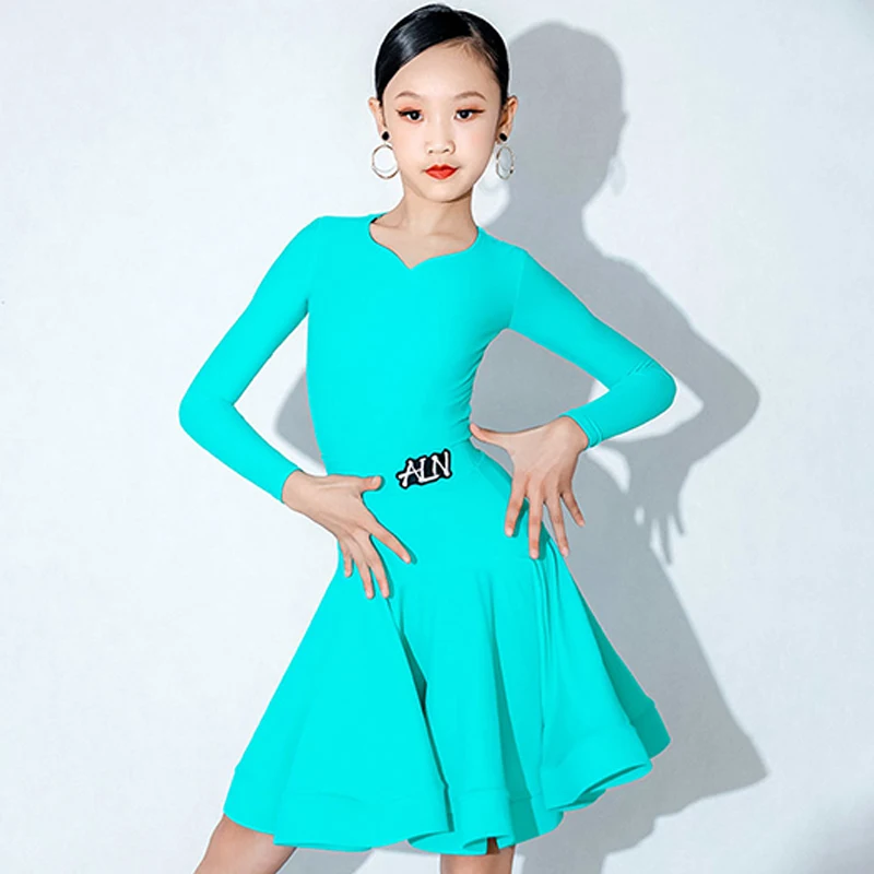 

Girls Latin Dance Competition Dress Blue Long Sleeves Solo Cha Cha Rumba Samba Dance Costume Kids Latin Practice Clothing JL5303