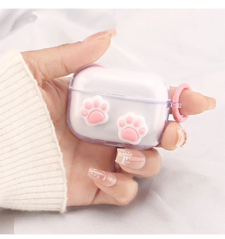 เคสหูฟังอุ้งเท้าสีชมพูน่ารักสำหรับ airpods 1 2 Pro 2เคสใส TPU Air pods 3หูฟังบลูทูธพร้อมพวงกุญแจ