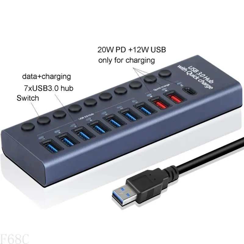 

F68C 9-портовый USB + Тип C Hub Expander с индивидуальными выключателями питания и светодиодом включает в себя 60 Вт 12 В/5A